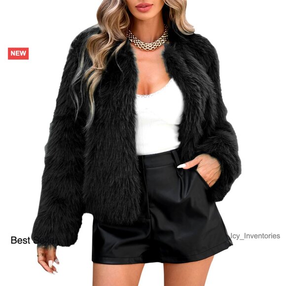 Cropped Faux Fur Jacket Women Shaggy Long Sleeve Pockets Winter Coats Chic
